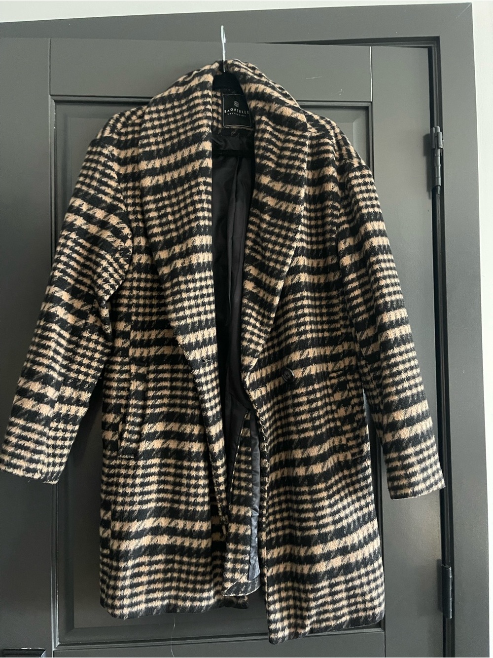 Black and Beige Houndstooth Wool Blend Coat